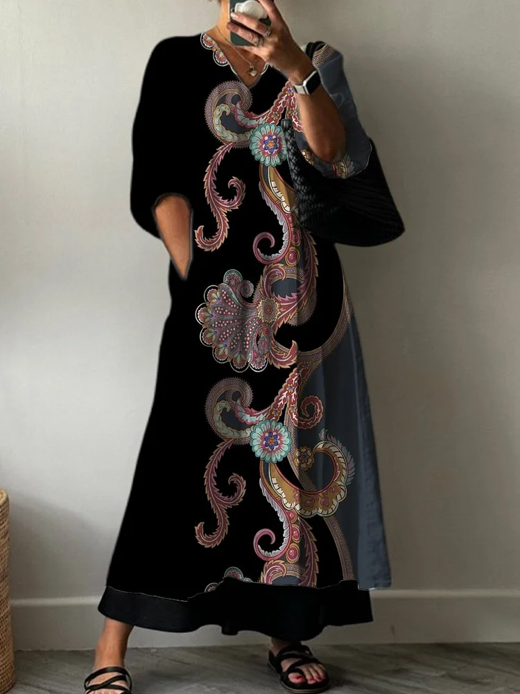 Women's Retro Color-blocked Ethnic Pattern Print Pocket V-neck Cotton Dress