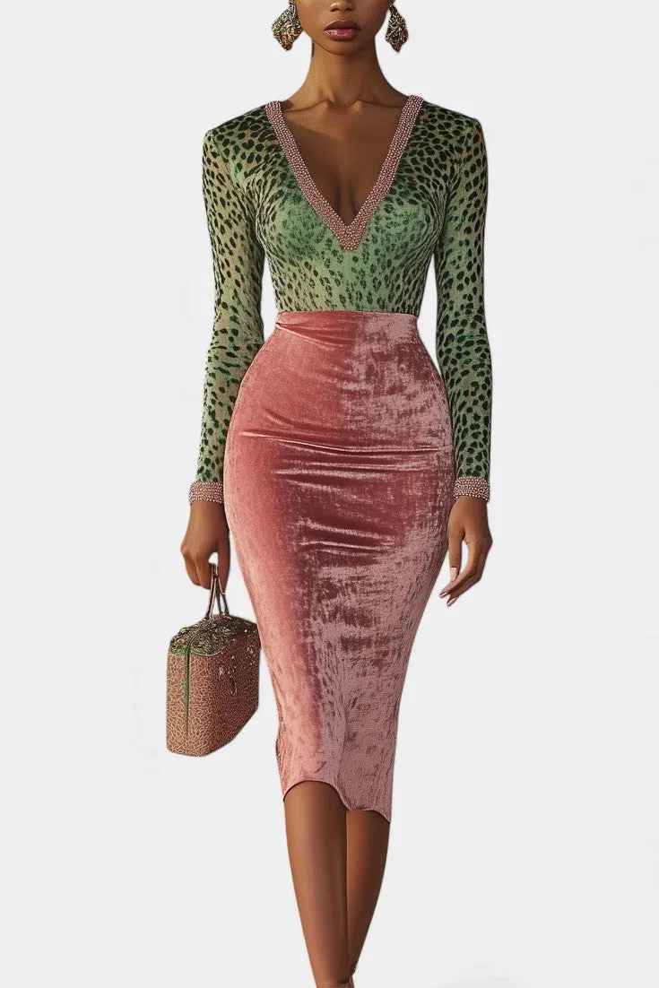 Leopard Print Long Sleeve Bodycon Midi Dress