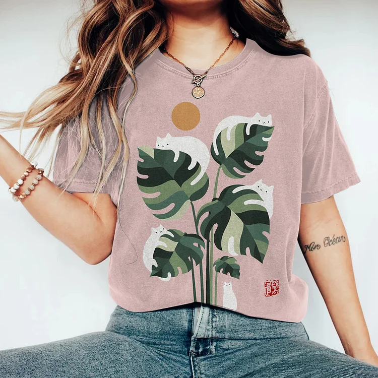 Abstract Creative Cute Cat And Plant Sun Painting Art T-Shirt