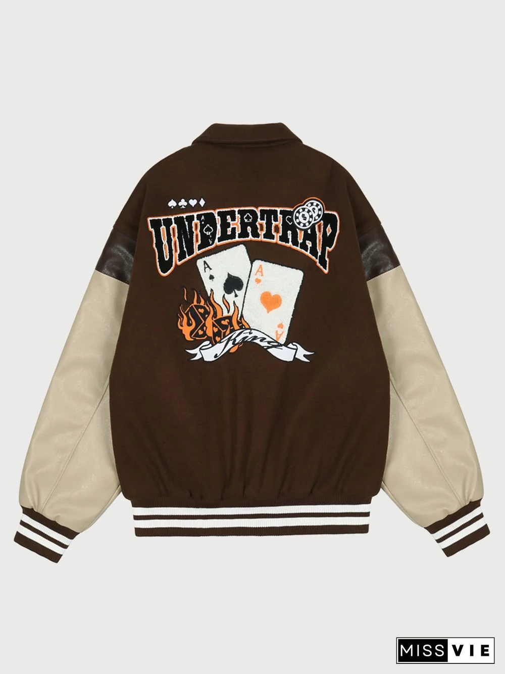 Cartoon Embroidered Pu Leather Sleeve Stitching Jacket