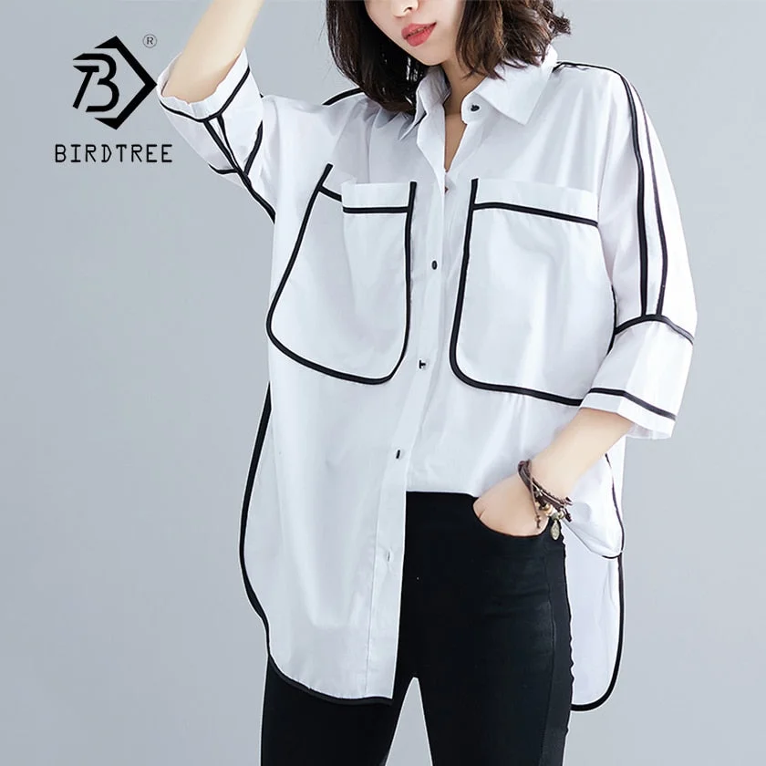 Autumn New Women Patchwork Long Cotton Oversize White Shirt Batwing Sleeve Side Split Blouse Turn-Down Collar Casual Tops T96501