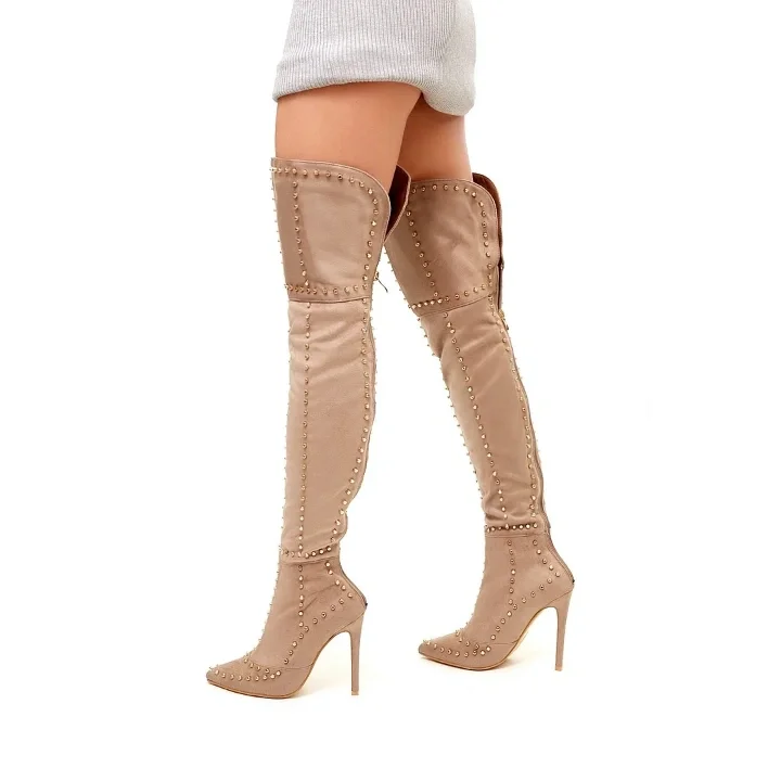 Khaki Studded Thigh High Stiletto Heel Long Boots Vdcoo