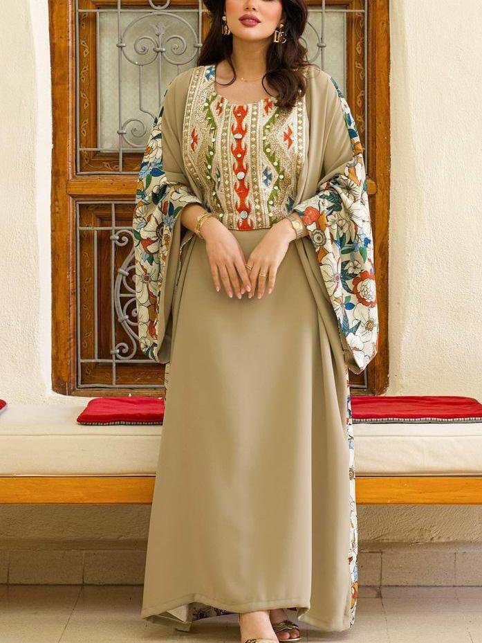 Floral Embroidery Round Neck Long Sleeve Kaftan