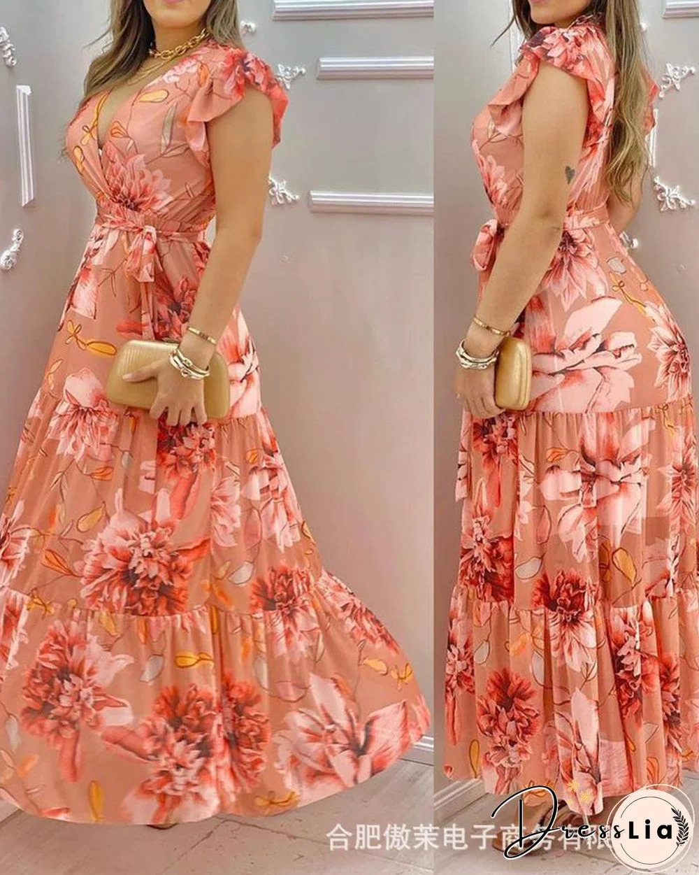 Fashion Pink Printed V-neck Chiffon Dress