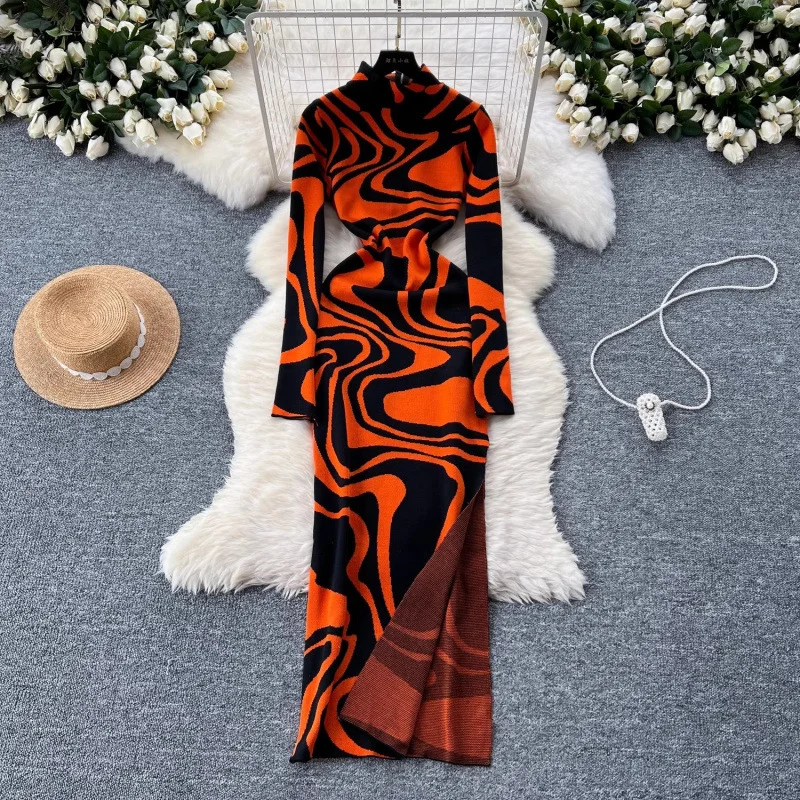 Zingj Zingj Women's Dress 2024 New Slim Slim Fashion Print High Neck Slit Long Knit Dress