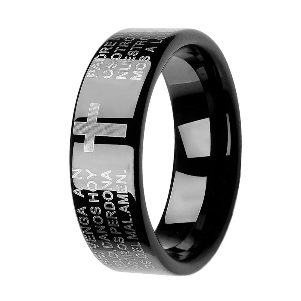 Spainish Bible Lords Prayer Cross Scratch Prevention Black Tungsten Rings Tungsten Rings