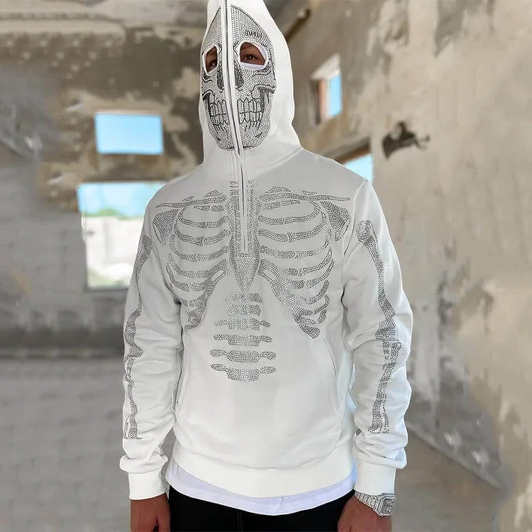 Skeleton Rhinestone Men's Oversized  Full Zip Up Hoodie Long Sleeve Skull Sweatshirts-VESSFUL