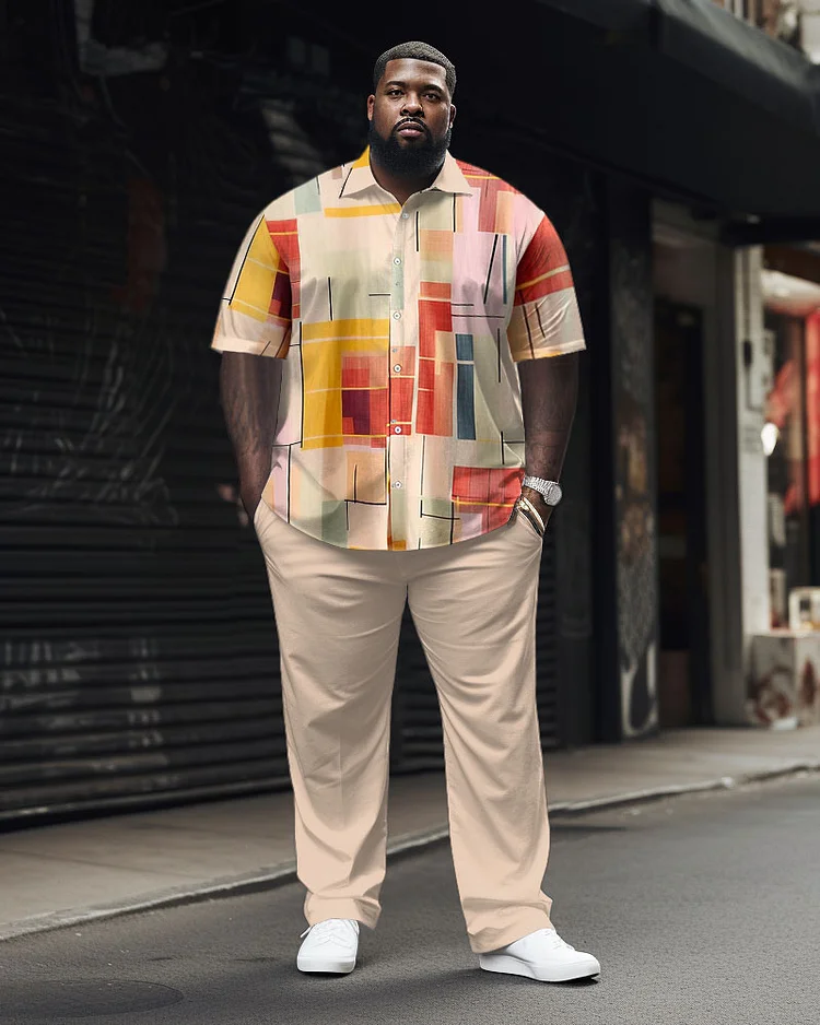 Men's Plus Size Simple Geometric Contrast Print Short Sleeve Shirt Suit