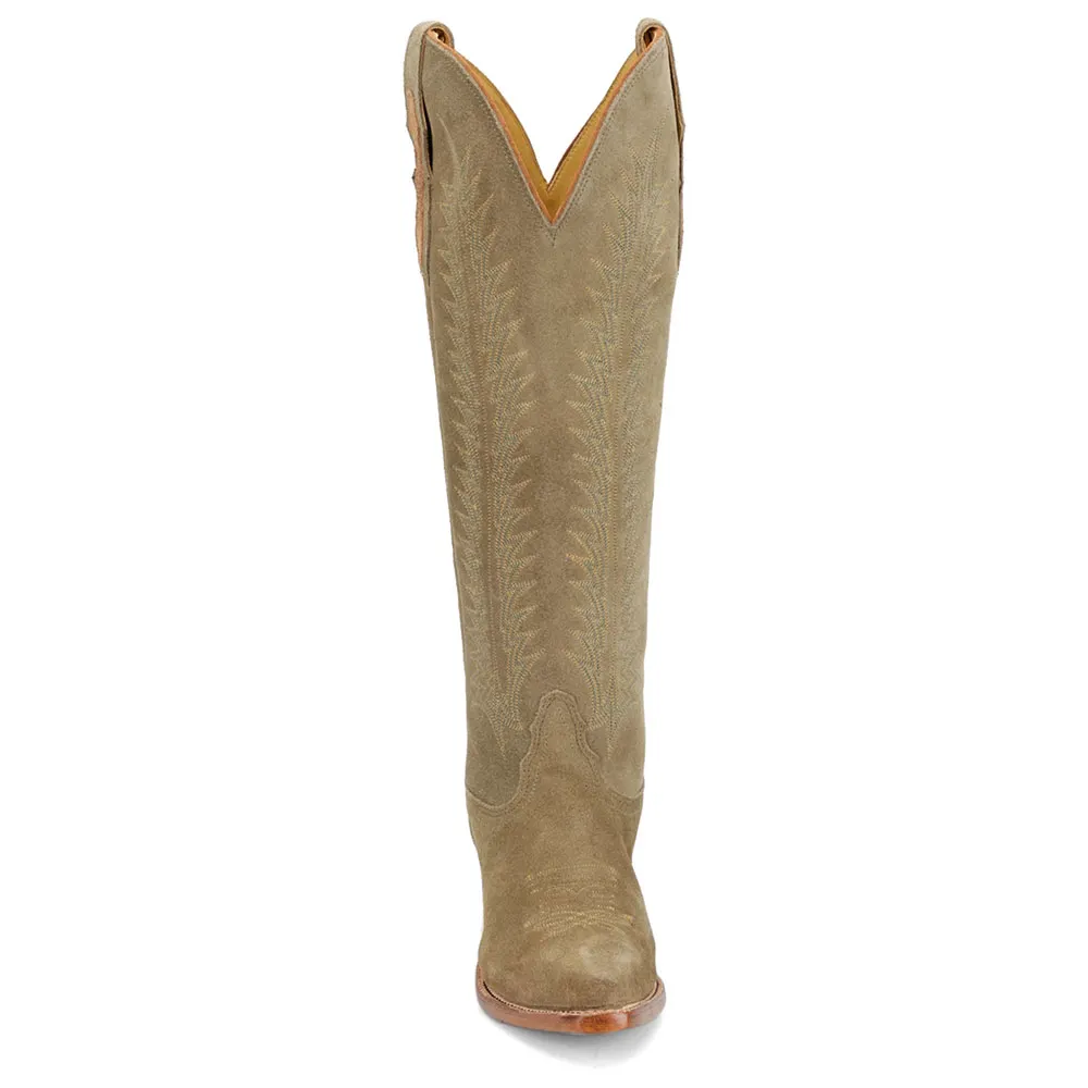 Khaki Chunky Heel Embroidered Knee High Cowboy Boots for Women