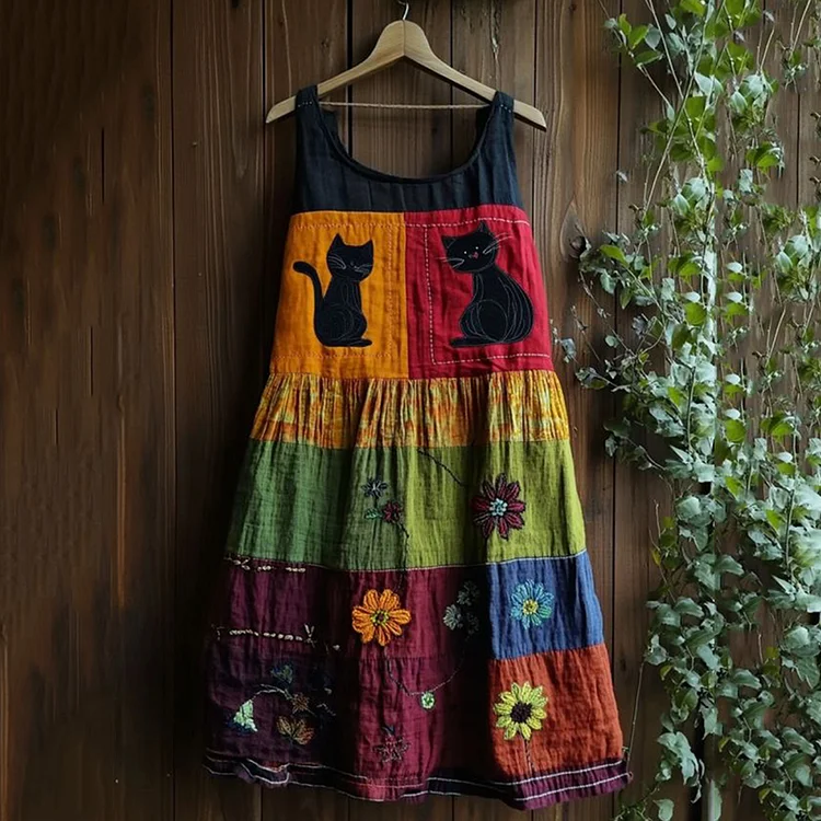 Utbros Vintage Black Cat Peeking With Floral Patchwork Art Linen Tank Dress