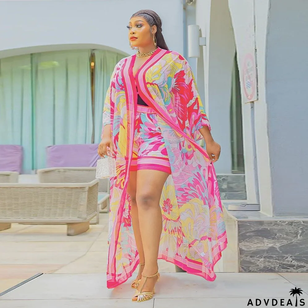 Fashion Ladies Printed V-Neck Beach Cape Casual Shorts Two-Piece Set