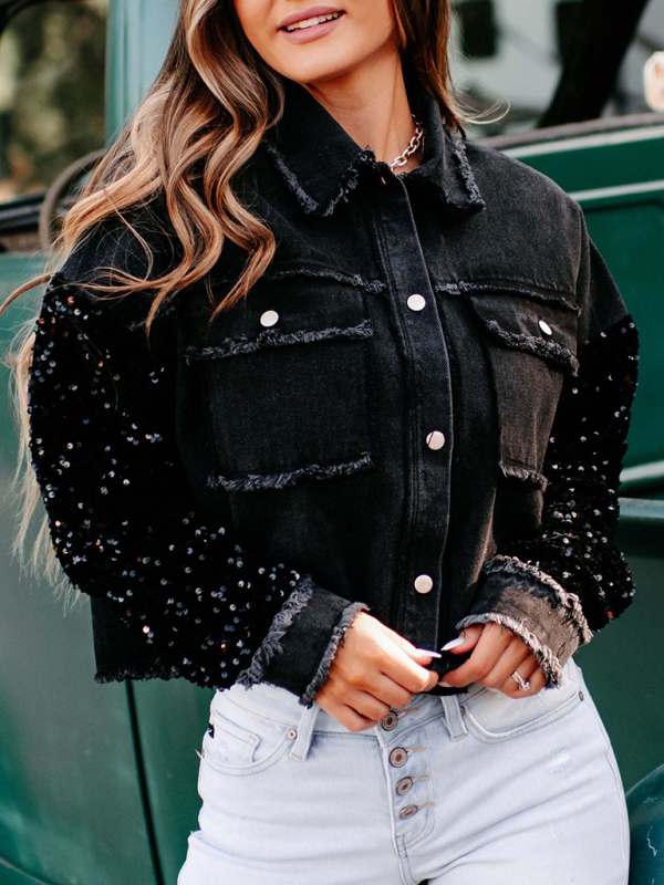 Mature Women New Sequined Short Denim Jacket