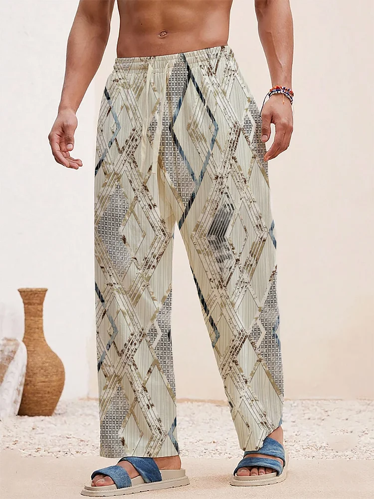 Men's Japanese Style Pattern Art Print Drawstring Waist Pants