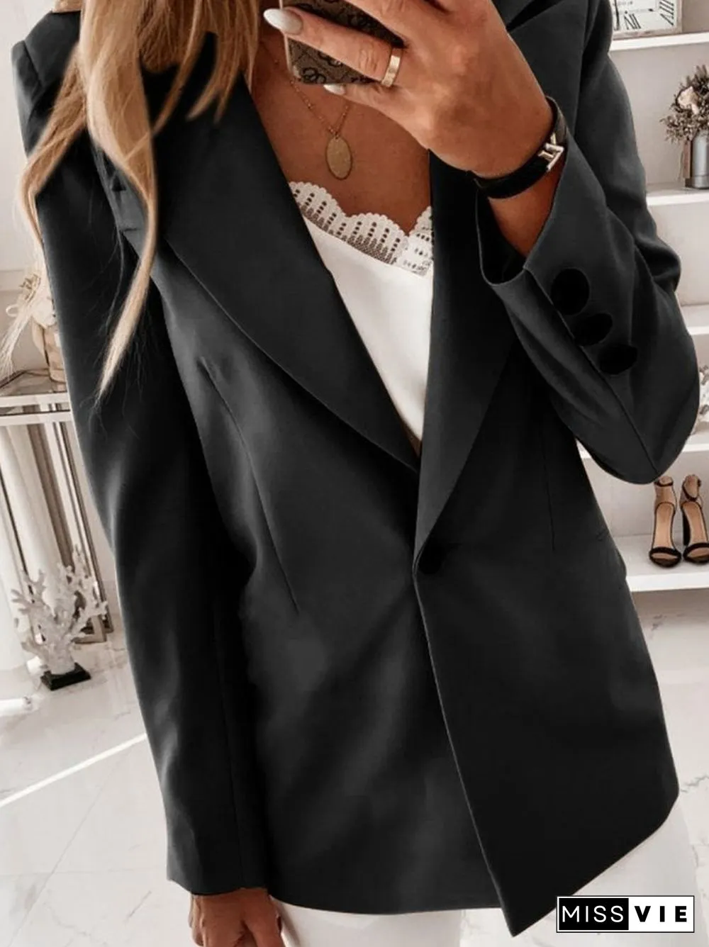 Vintage Work Lapel Simple Shift Plain Outerwear