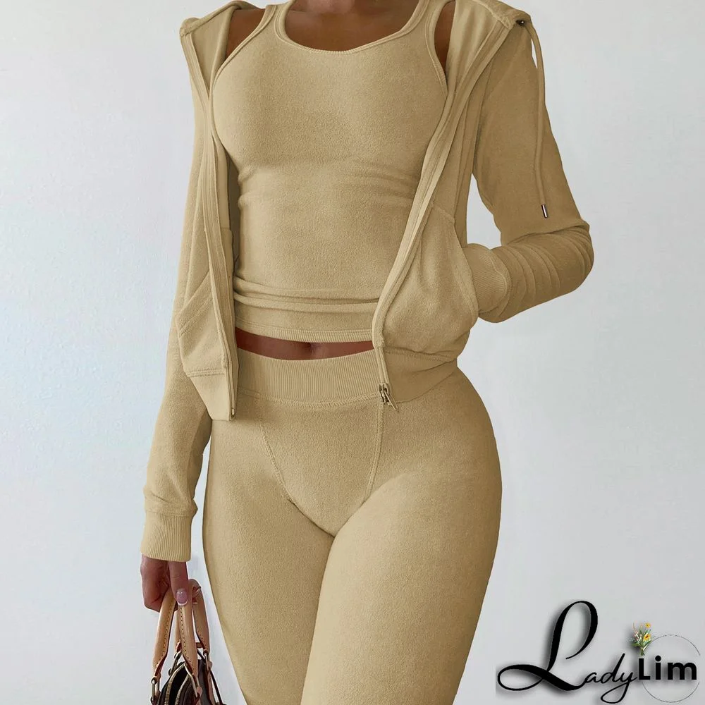 Women's Autumn/Winter Fleece Vest Hooded Three-Piece