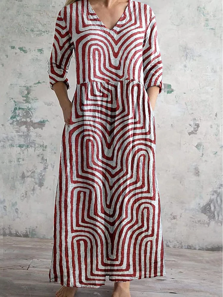Women's  V-Neck Retro Geometric Pattern Cotton And Linen Dress