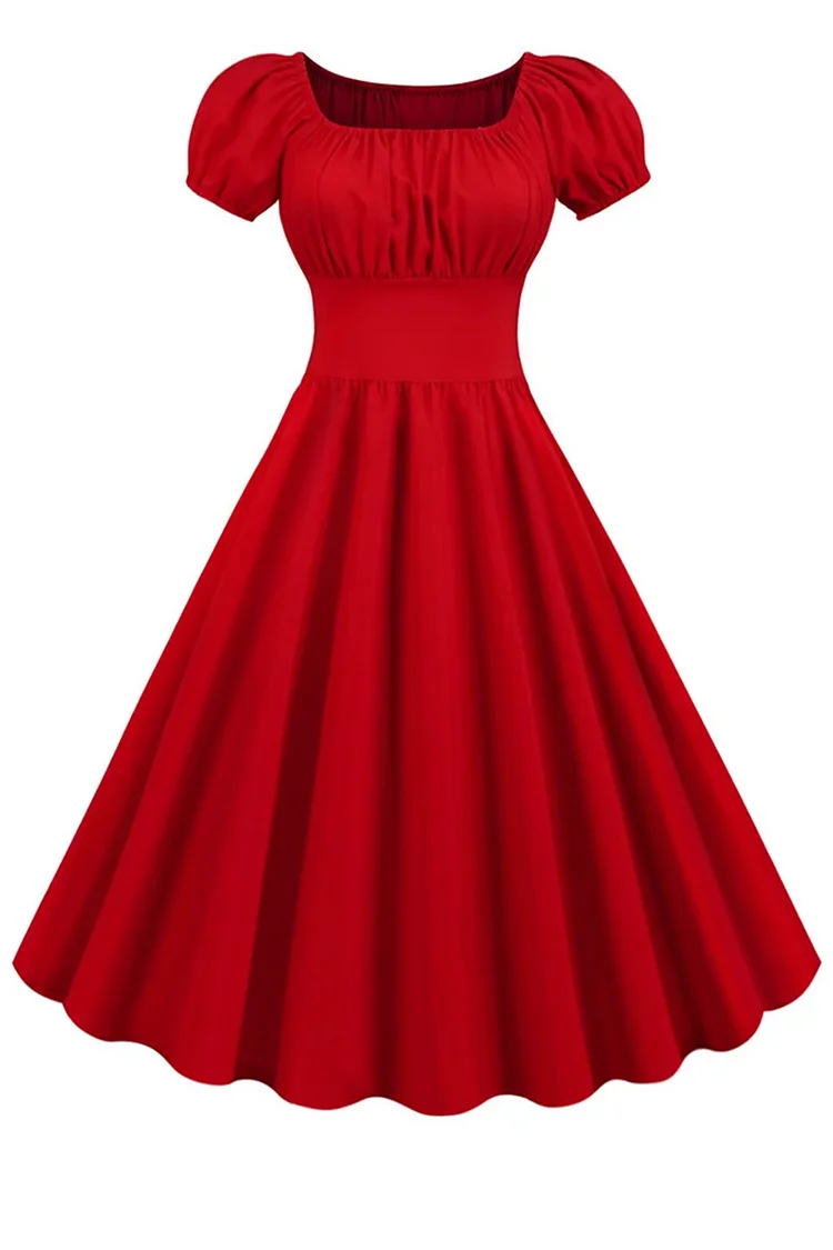 1950s Red Party Plain Pleated Square Neck Puff Sleeve Swing Midi Dress