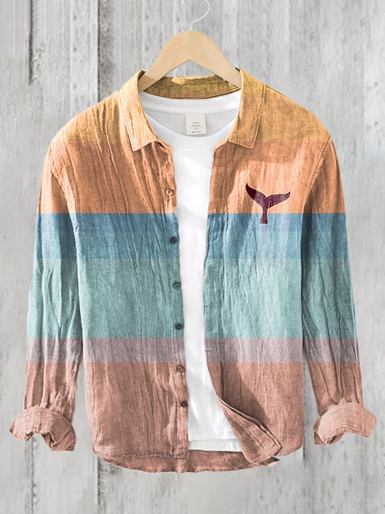 Whale Tail Art Print Linen Blend Casual Shirt