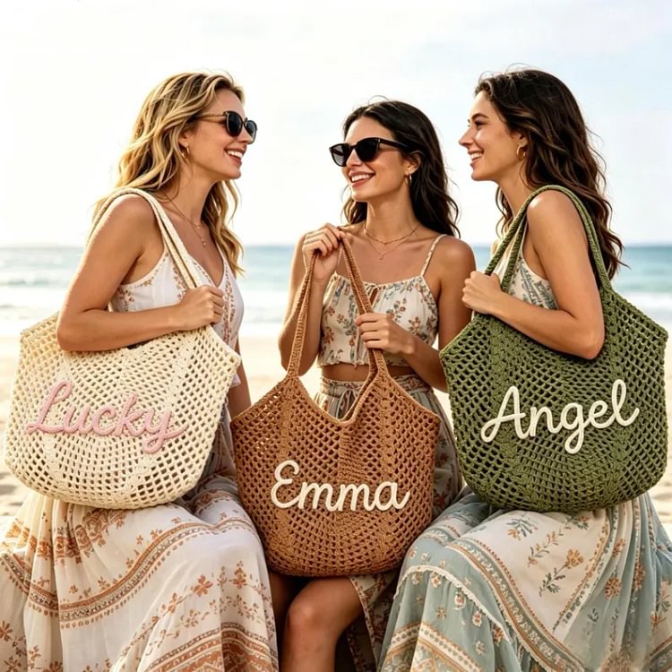 Personalised Straw Knitted Beach Bag and Crochet Tote - Unique Bridesmaid Gift Bags, Travel Wedding Favor, Bachelorette Trip Present