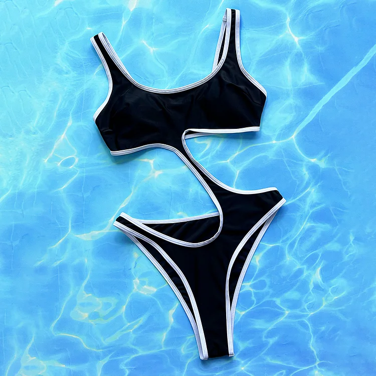 Black and White Color Block Cut Out One Piece Swimsuit