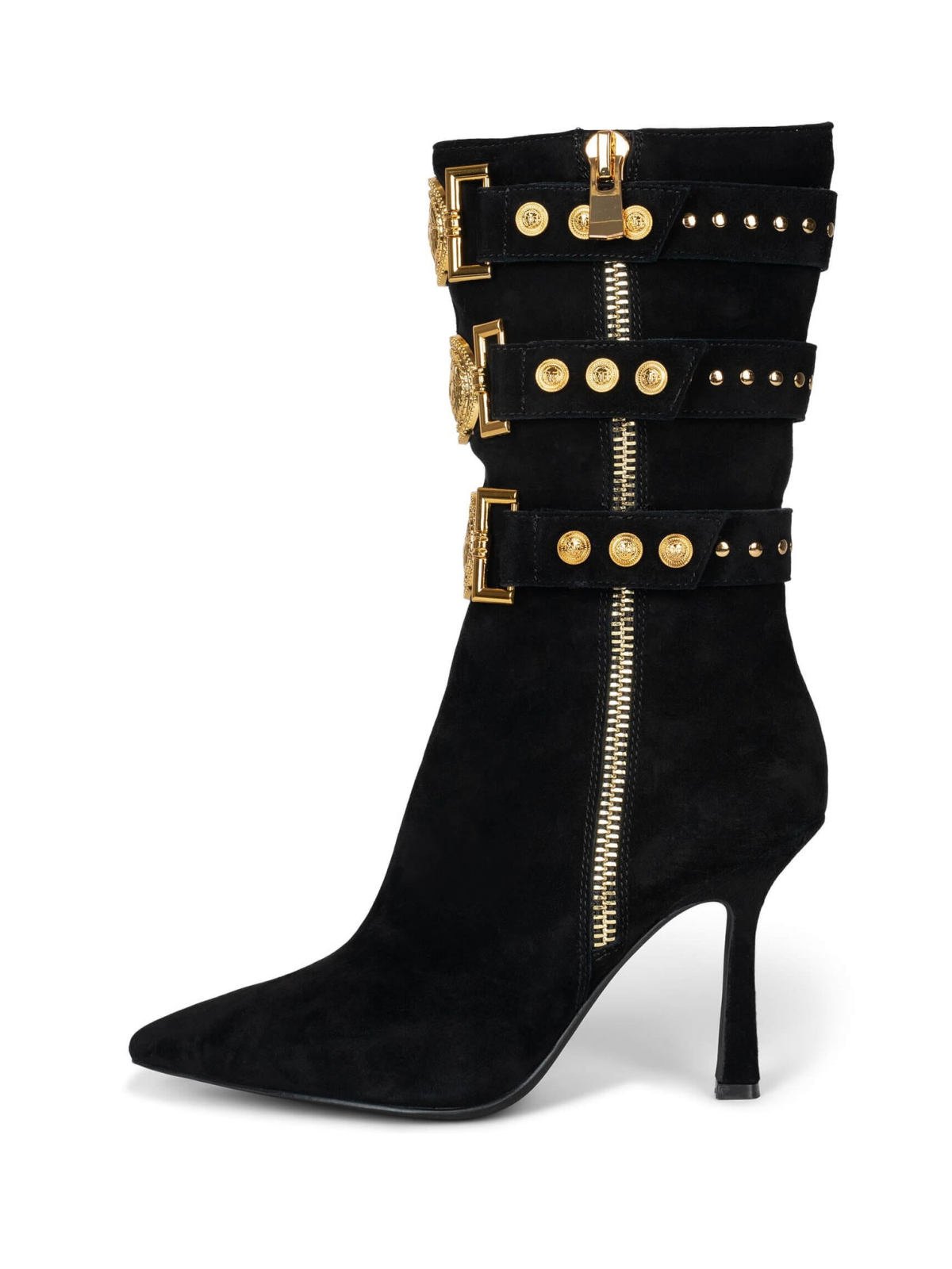 Taafo Black Faux Suede Pointed-Toe Full-Zip Mid Calf Stiletto Boots With Straps And Gold Emblem