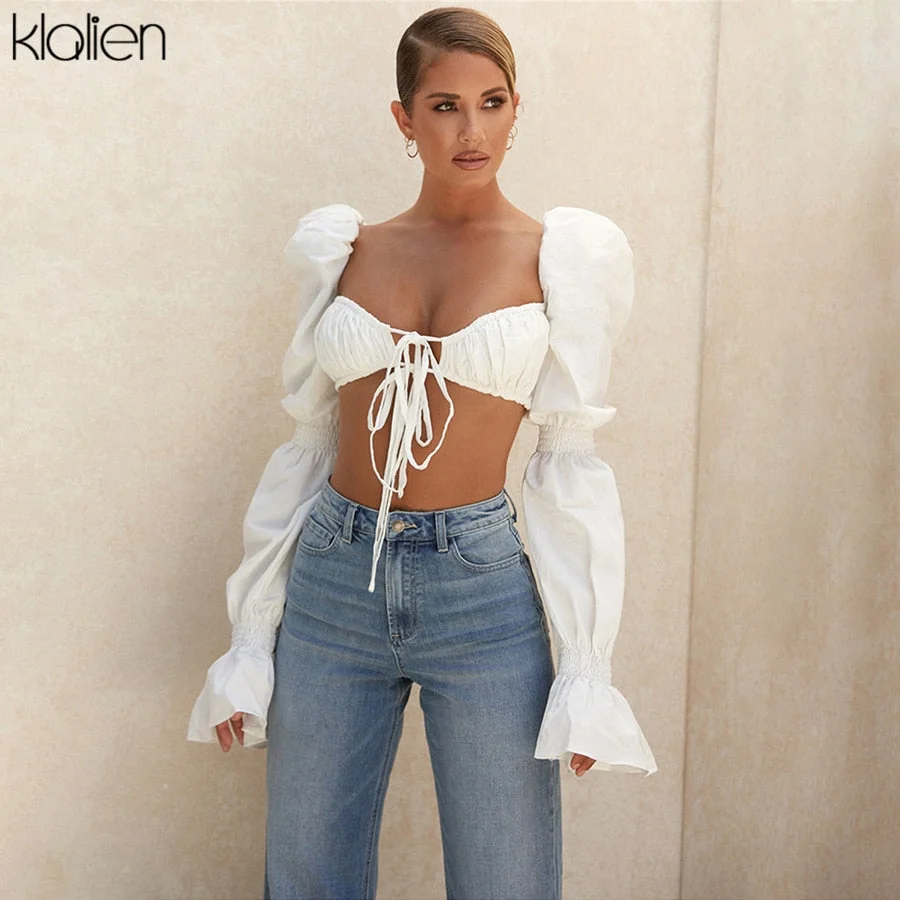 KLALIEN Fashion Sexy Bandage Low Chest Beach T Shirt Women Elegant White Lantern Sleeve French Romantic Slim Wild Female Top