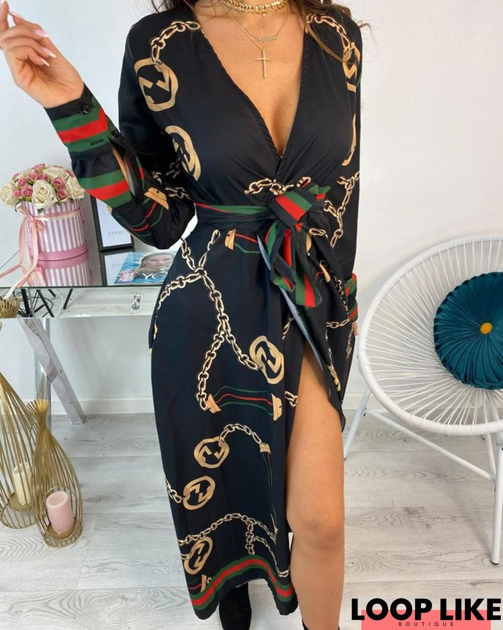 Long Sleeve Chain Baroque Print Dress Black Dresses