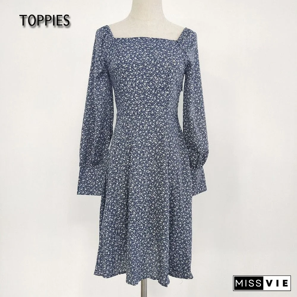 Toppies New Women Mini Dresses Vestidos Flowers Print French Style Dress Puff Long Sleeve Ladies Sundress