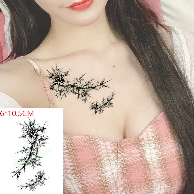 Waterproof Temporary Tattoo Sticker Rose Flower Leaf Letter Black Small Body Art Flash Tatoo Fake Tatto for Kids Girl Men Women