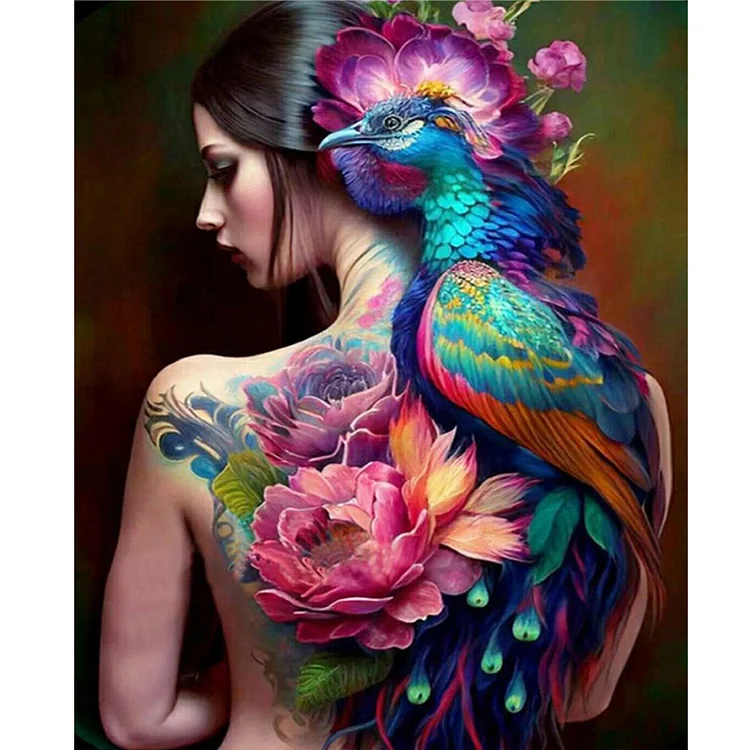 Full Round Diamond Painting - Girl With Peacock Back Print 40*50CM