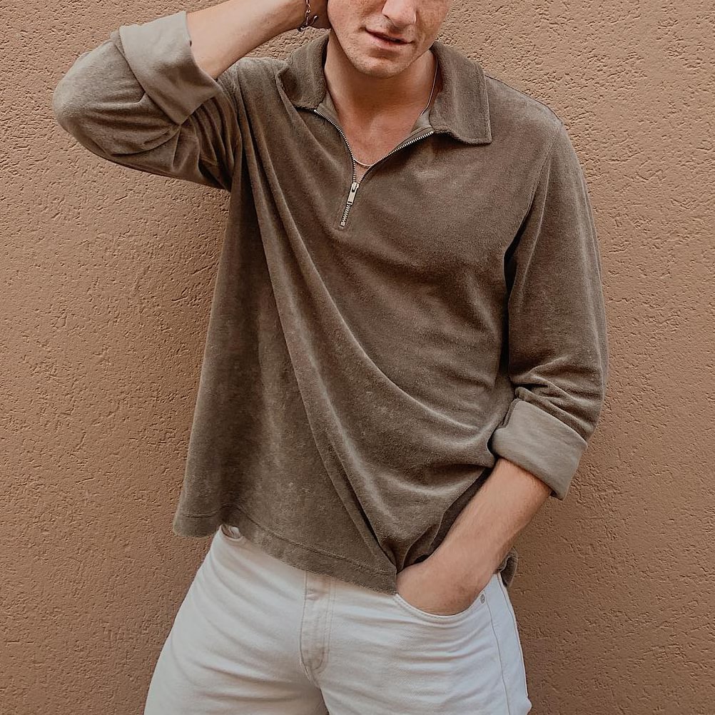 Men's Fashion Casual Basic Loose Polo Neck Long Sleeve T-Shirt