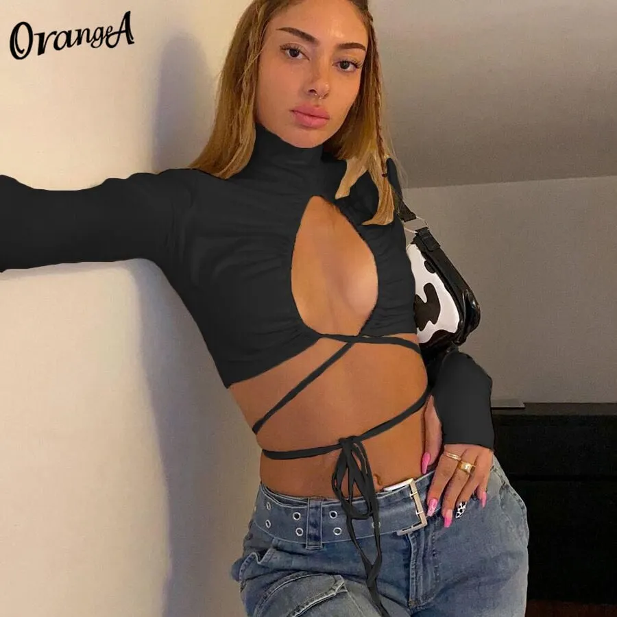 OrangeA 2021 Autumn Women Sexy Hollow Out T-Shirt Drawstring Lace Up Turtleneck Ruched Tops Hot Street Party Clubwear Outfits