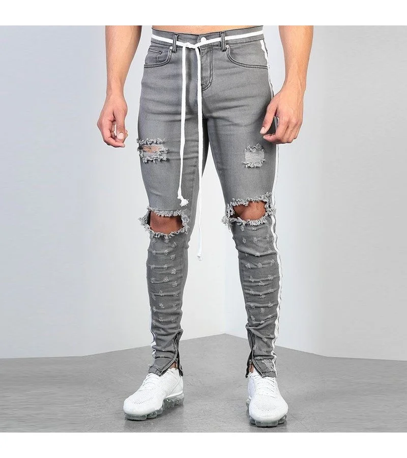 Men Side Stripes Print Destroyed Skinny Jeans