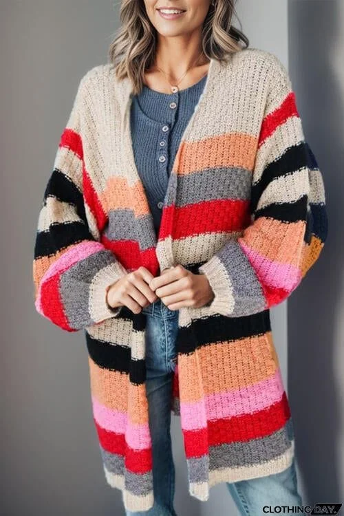 Striped Open Front Long Sleeve Cardigan