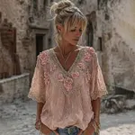 Women's Vintage Spring Floral Embroidered Art Print Flowy Linen Blend Short Sleeve Casual Tops - Image 2