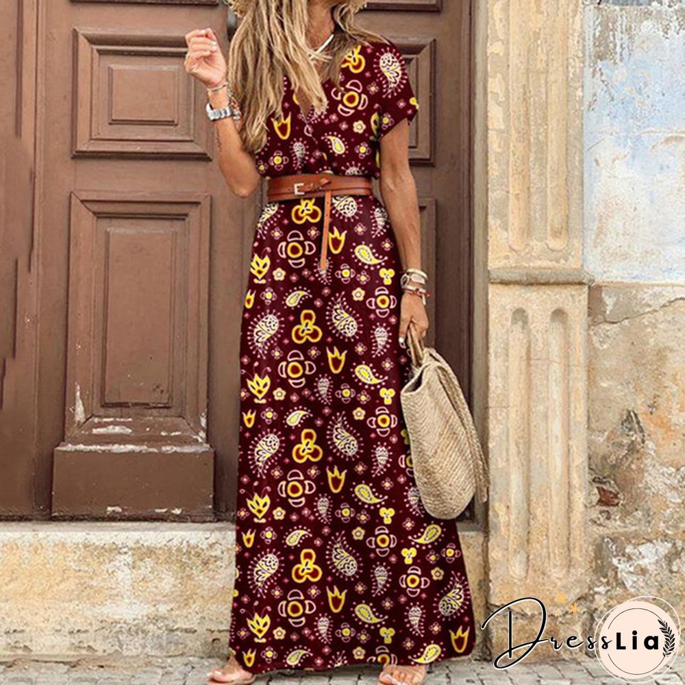Ladies Summer Sexy Printed Boho Dress with Belt Belt