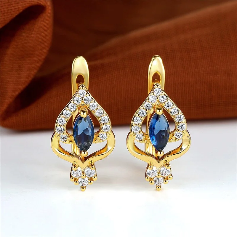 Cute Female Blue Zircon Stone Hoop Earrings Vintage Hollow Crystal Flower Earrings Boho Gold Color Wedding Earrings For Women