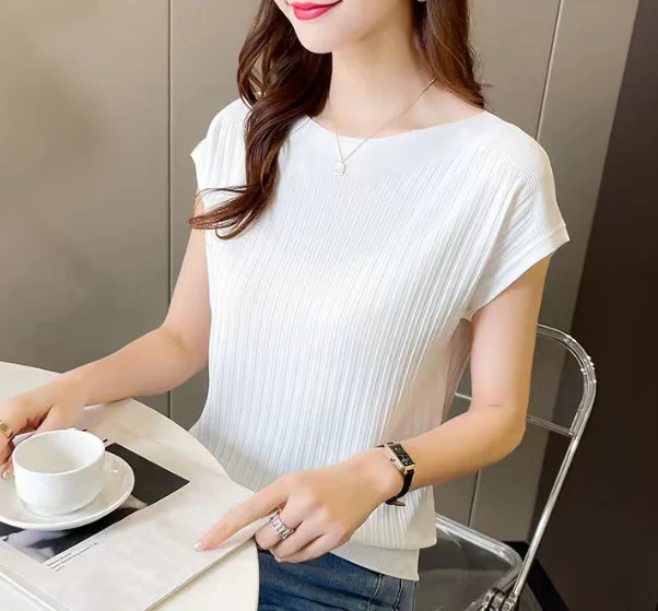 Uveng Uveng Temperament Bat Sleeve Short-Sleeved T-Shirt For Women's 2024 Summer Wear New Black Ice Silk Knitted Shirt Loose Word Collar Top