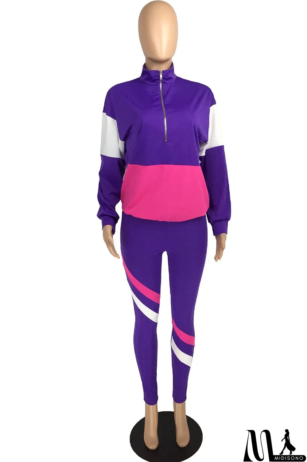 MidiSono - Fluorescent green Casual Striped Print Zippered Split Joint Mandarin Collar Long Sleeve Two Pieces