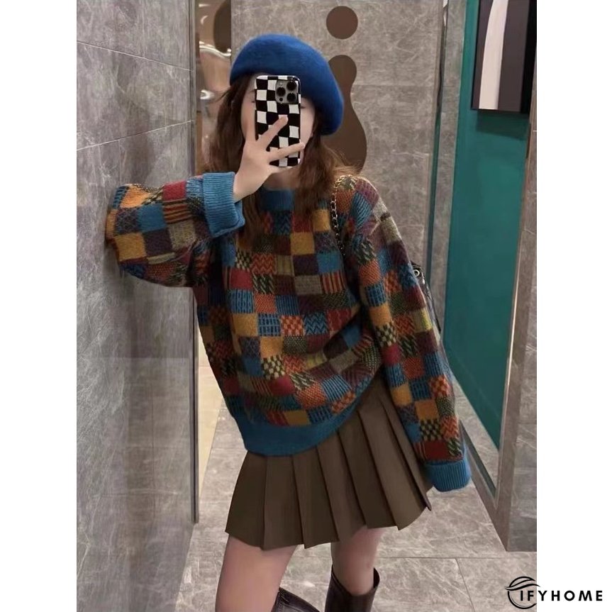 Women's Fashion Vintage Plaid Loose Retro Sweater | IFYHOME