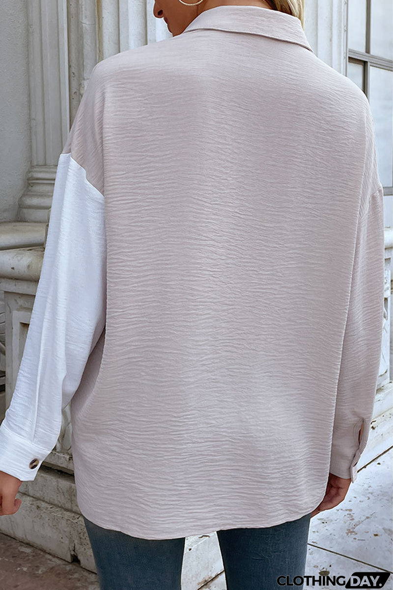 Elegant Color Block Pocket Contrast Turndown Collar Tops