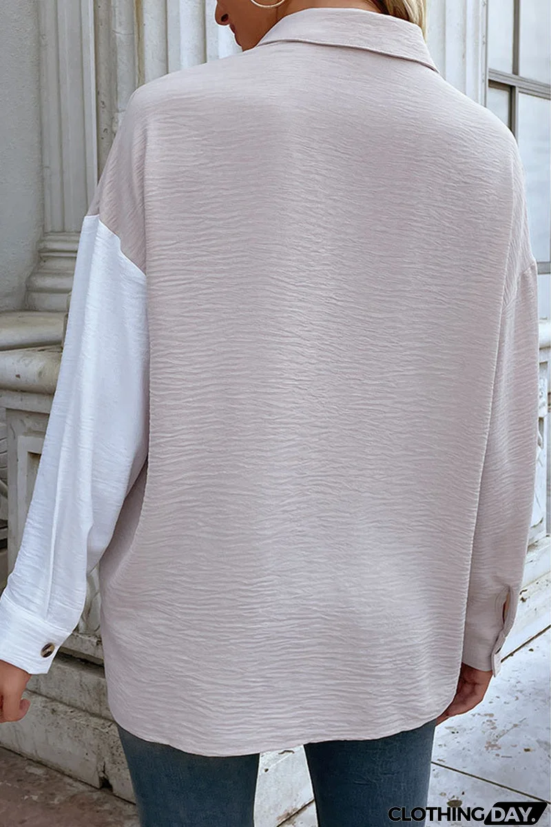 Elegant Color Block Pocket Contrast Turndown Collar Tops