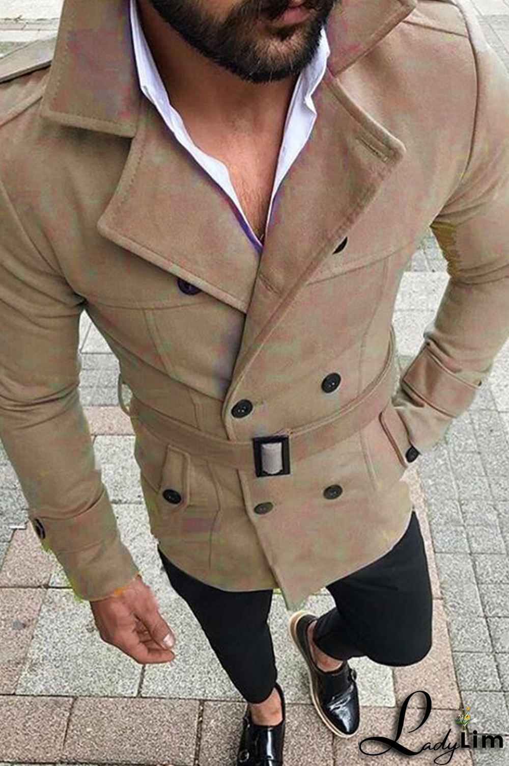 Blue Fashion Casual Solid Pocket Buckle With Belt Turndown Collar Outerwear