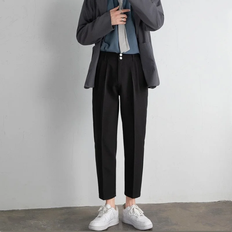 Woherb 2021 Men's Summer Suit Pants Korean Design Clothing Ankle Length Straight Fit Trousers Elastic Waist Solid Black Khaki Green