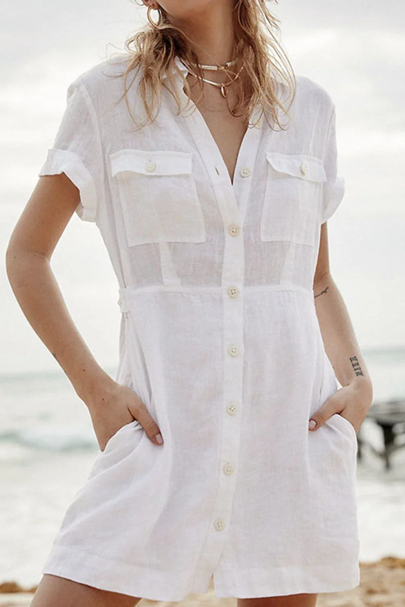Fashion Casual Solid Split Joint Turndown Collar A Line Dresses
