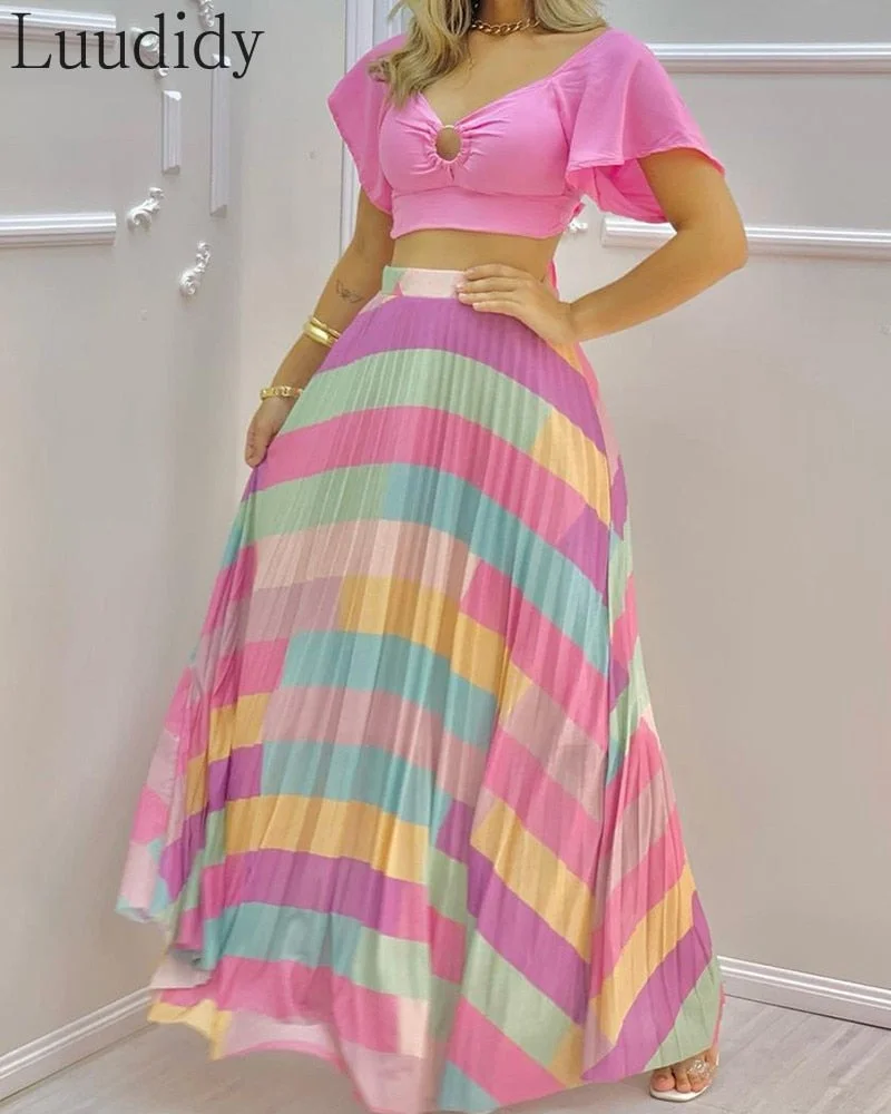 UForever21  Women Solid Color V-neck Short Sleeve Top & Colorful Maxi Skirt 2 Piece Sets