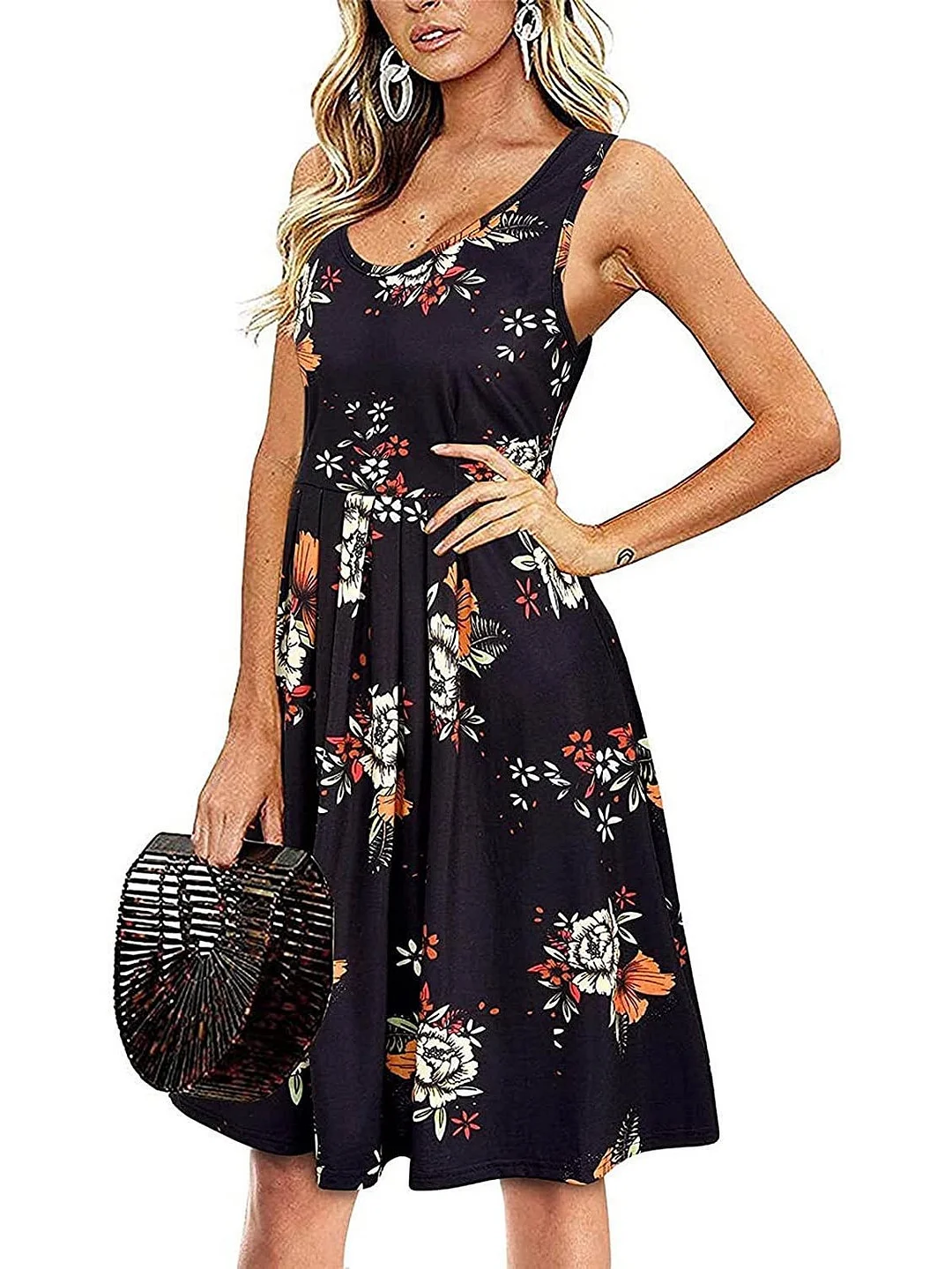 Women's U-neck Sleeveless Printed Midi Dress