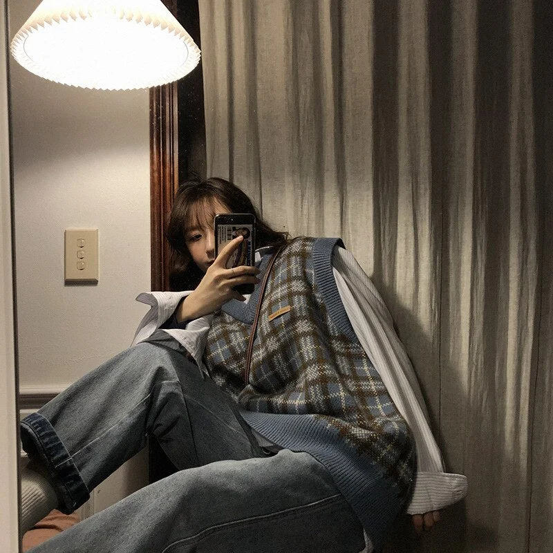 Knitting Vest Woman Sweater Vest For Women Top Sweater Female Argyle Vintage Knitted Sweater Korean Style 2021