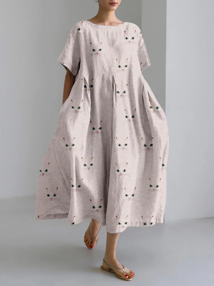 Cute Cat Face Pattern Linen Blend Cozy Maxi Dress