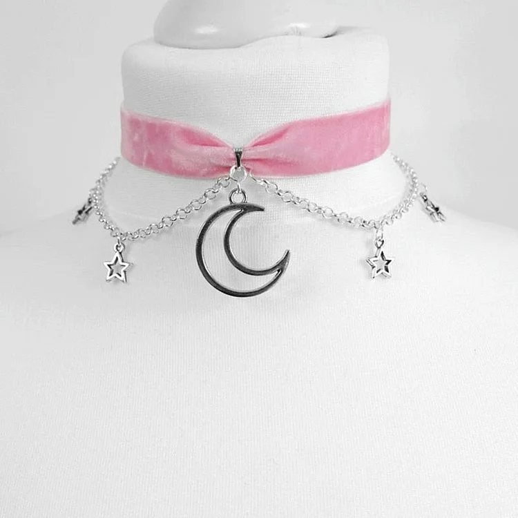 Goth Chain Crescent Moon and Stars Choker Necklace - Gotamochi Kawaii Shop, Kawaii Clothes